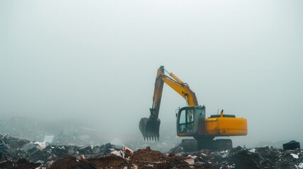 Yellow Excavator on Foggy Construction Site with Debris and Waste