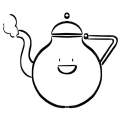 Smiley Face Teapot Cute Retro Doodle Black and White Hand Drawn Illustration.