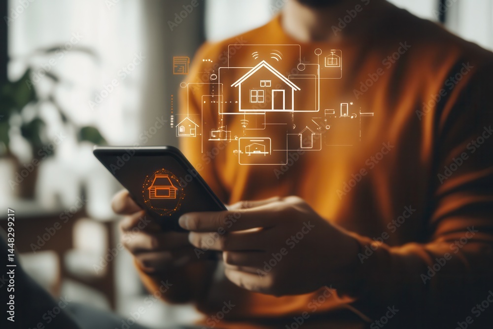 Poster man using smartphone to control smart home devices with digital interface in cozy room