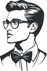 Black and white illustration of a young man wearing glasses and a bow tie in profile view