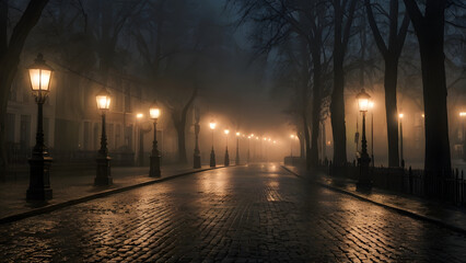 Atmospheric scene of a cobblestone street illuminated by lanterns in a dense misty night