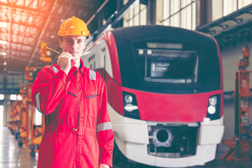 Electric train technician engineer checking controls system for security functions in maintenance...