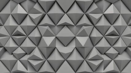 Abstract geometric background featu a repeating pattern of grey triangular pyramids creating a textured surface ideal for design projects.