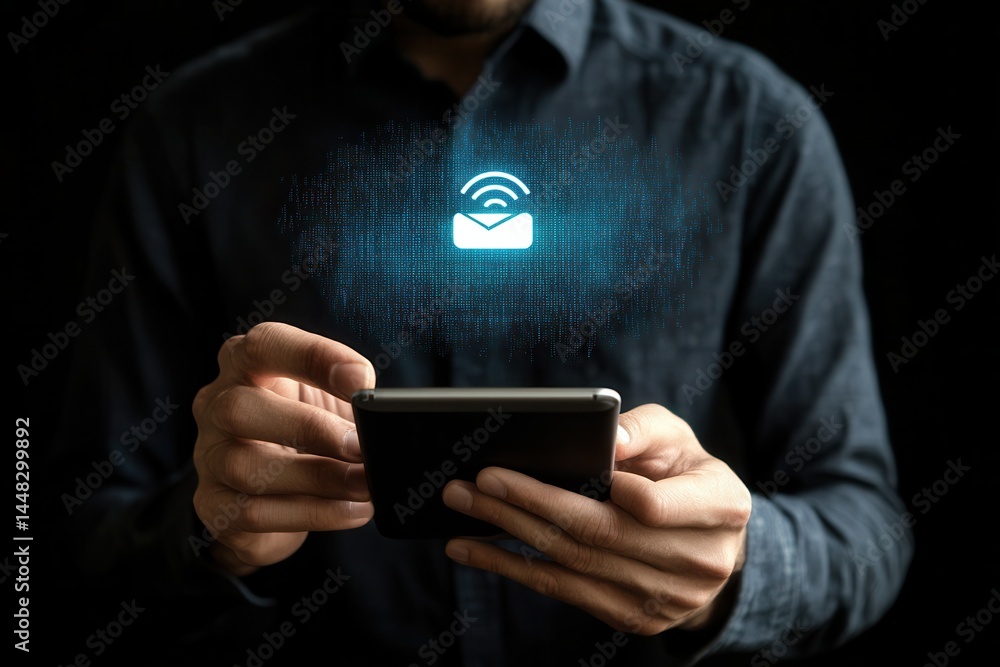 Poster man using smartphone to send an email with glowing icon, dark background ambiance