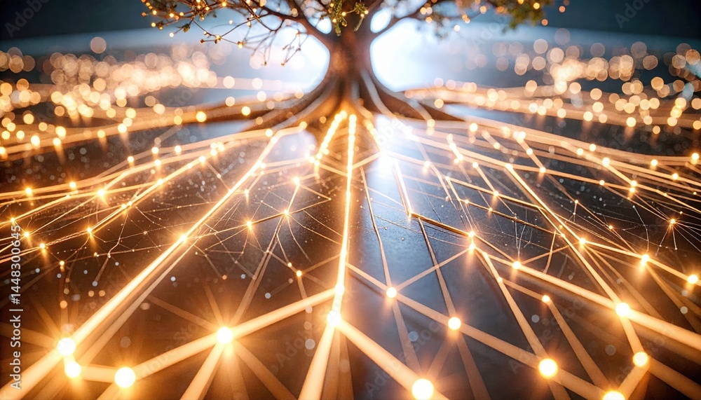 Poster vibrant glowing network of interconnected digital lines and points resembling a futuristic technolog