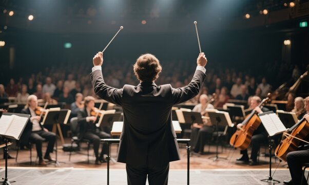 Conductor with Baton and Raised Hands