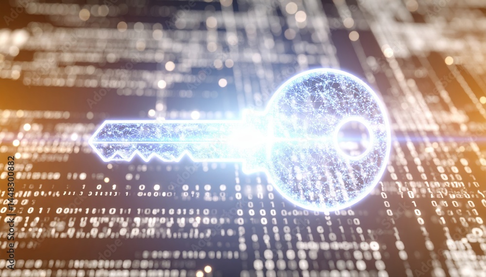 Poster highly detailed futuristic digital key icon glowing over a virtual binary data background representi