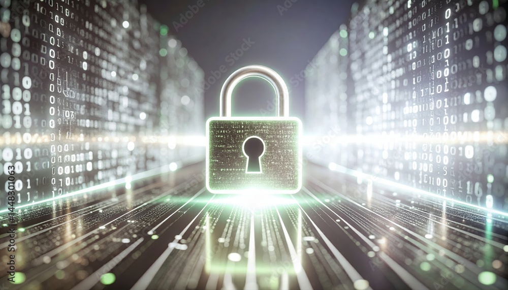 Poster digital security concept with glowing padlock symbol representing cybersecurity protection and data 