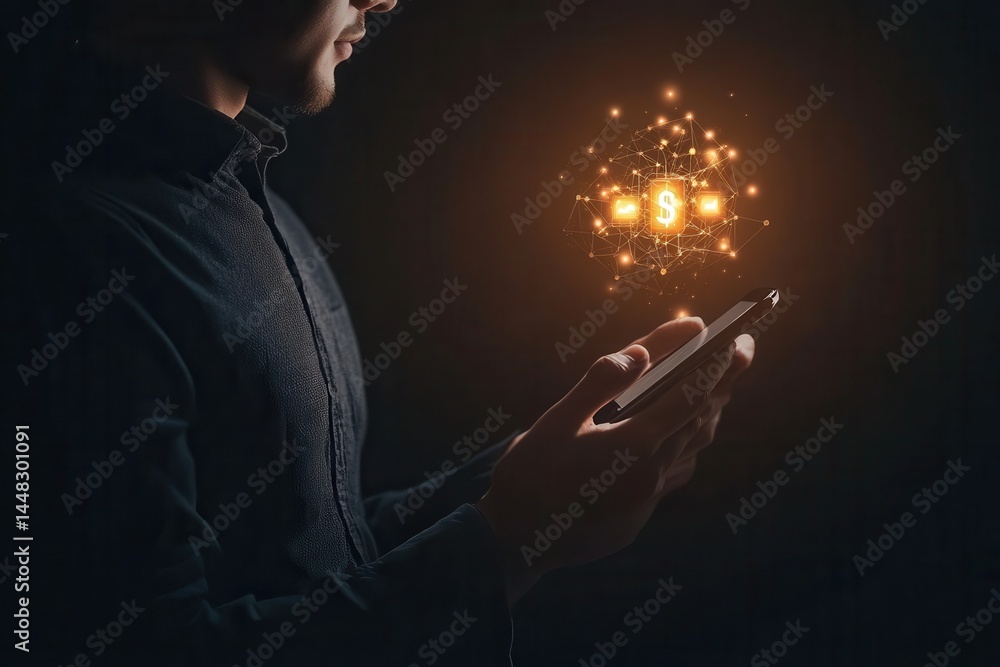Poster man using smartphone with digital dollar symbol glowing in dark background