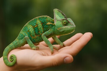 Obraz premium Chameleon on a hand. chameleon perched on human hand