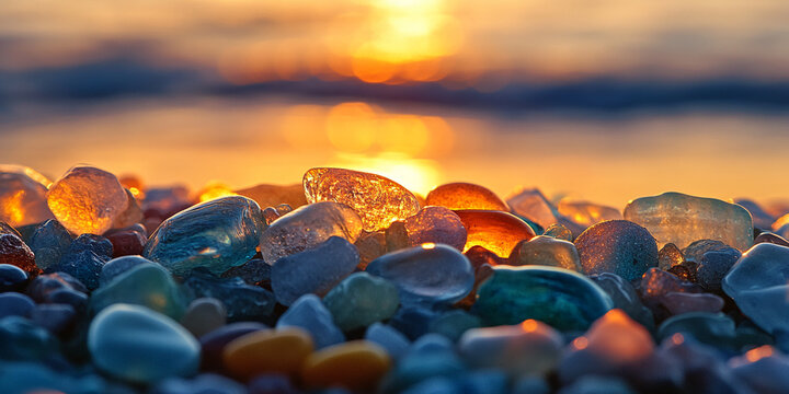 Close-up of sea glass pebbles at sunset, illuminated by warm light, showcasing diverse colors and textures, representing peace, tranquility, and natural beauty