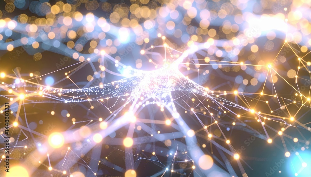 Poster vibrant abstract digital network with glowing interconnected particles and luminous data points repr