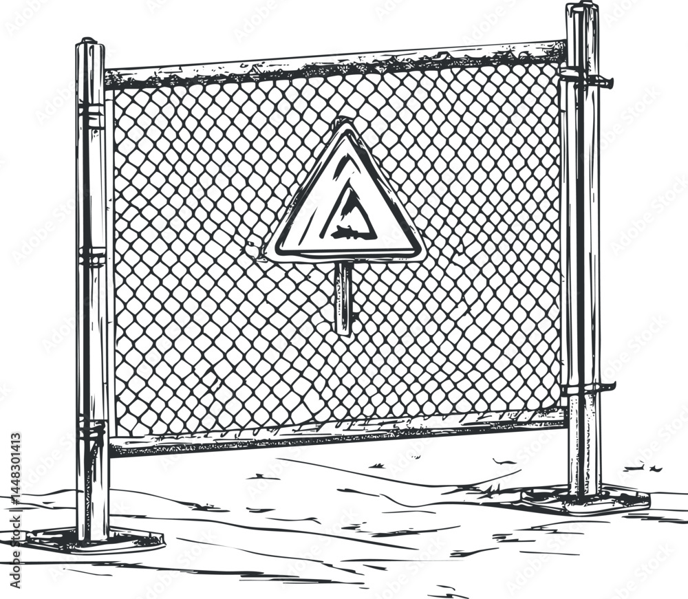 Poster hand-drawn sketch of a metal mesh fence with a triangular warning sign for safety and caution