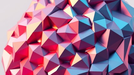 Fototapeta premium Abstract 3D rende of a low poly sphere with vibrant pink and blue metallic polygonal facets reflecting light.