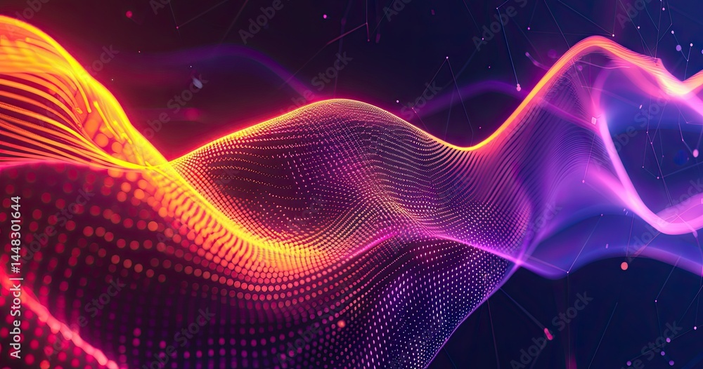 Poster a vibrant, abstract wave of colorful lines and dots representing digital data flow.