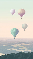 Naklejka premium Pastel-colored hot air balloons float above a tranquil landscape of rolling hills and forest, evoking serenity and freedom, ideal for travel or nature themes