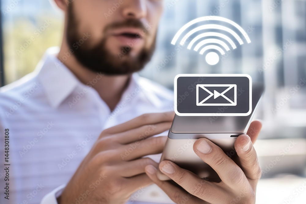 Aufkleber man using smartphone with email icon and wi-fi symbol in a modern urban background