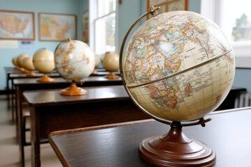 globe images in a classroom setting, ideal for geography and education themes, featuring a map of the world on a school desk that inspires learning and showcases antique charm