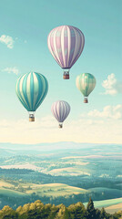 Obraz premium Four hot air balloons soar over a scenic landscape, pastel-colored against a clear sky, representing freedom, adventure, and travel