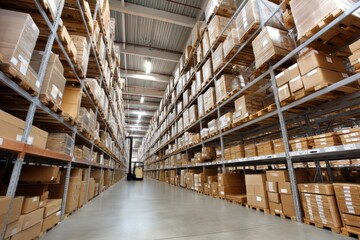 warehouse images organized storage, advanced logistics, neatly stacked boxes on shelves, and precise inventory management in industrial spaces for streamlined distribution and efficient shipment