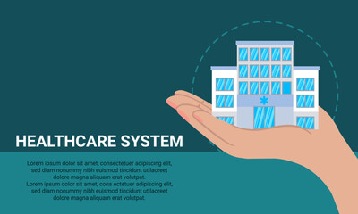 Hand holding hospital building representing healthcare system