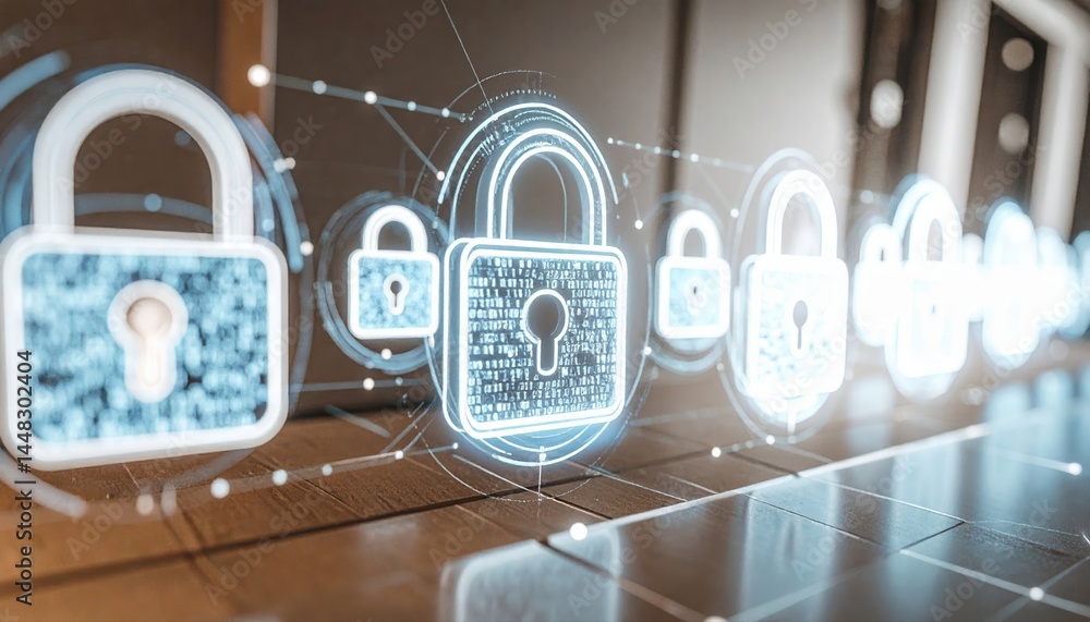 Poster modern digital security concept with illuminated padlocks representing data protection, cybersecurit