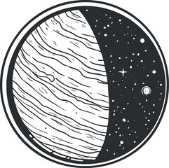 Black and white illustration of a planet partially illuminated with stars and a small moon in space