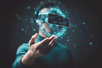 Man wearing virtual reality headset interacts with a glowing digital globe in dark space