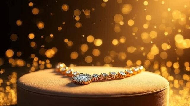 Diamond bracelet on soft pedestal with golden sparkles and dark background seamless looping 4k time-lapse animation video background. Luxury jewelry concept