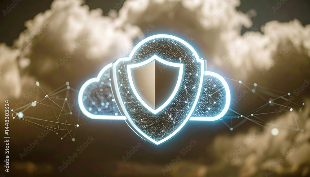 Poster digital security cloud shield icon representing data protection cybersecurity technology and interne