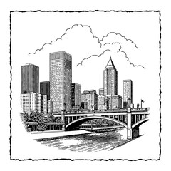 Detailed Modern City Skyline View with River Bridge and Tower Buildings in Vintage Black and White Outline Line Art Drawing Style