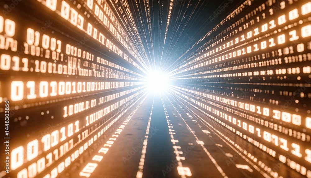 Poster futuristic digital tunnel with glowing binary code streams extending into bright vanishing point rep