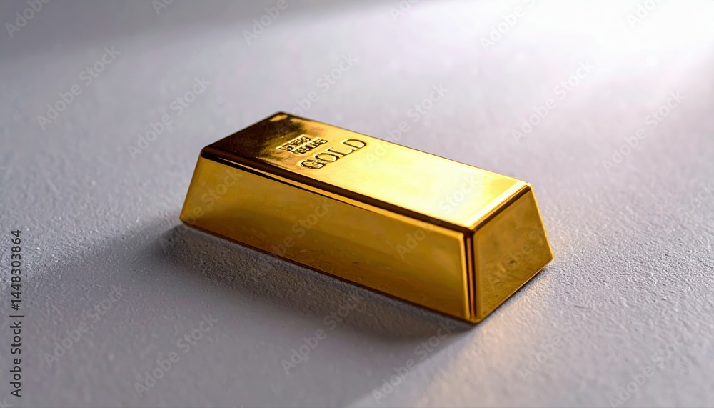Poster close-up of a shiny gold ingot bar resting on a smooth surface with soft lighting highlighting its p