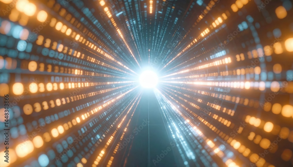 Poster futuristic digital data tunnel with glowing binary code lines converging towards a bright central po