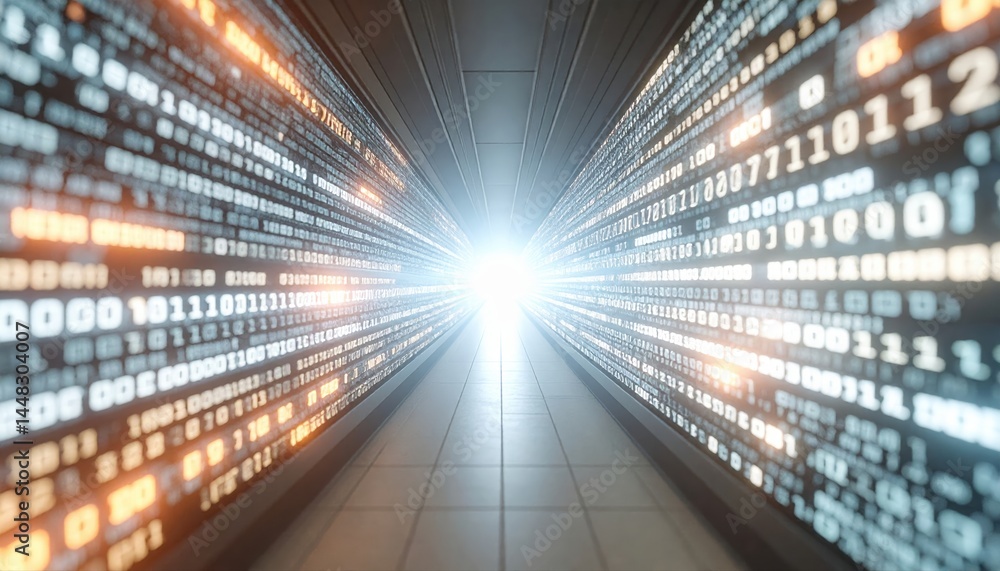 Poster futuristic digital tunnel with glowing binary code streams and bright light at the end representing 