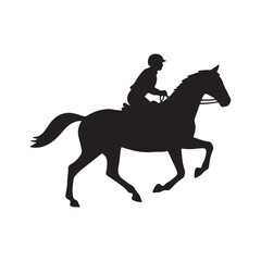 A black vector illustration shows a horse and rider silhouette in equestrian sport, perhaps a race or jump