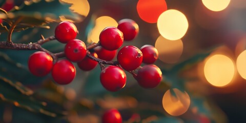 Vibrant red berries hanging on a tree limb, captured during sunset with soft, glowing light effects.