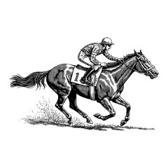 Fototapeta premium Magnificent Race Horse Running Fast with Rider Jockey in Action Vintage Black and White Outline Line Art Drawing