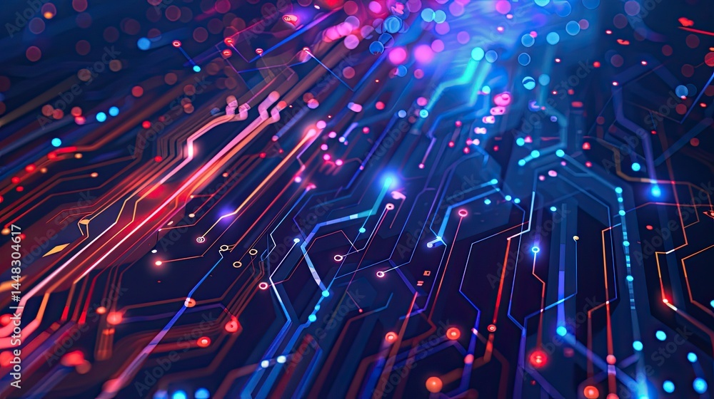 Poster abstract representation of digital circuits with vibrant colors and light effects.