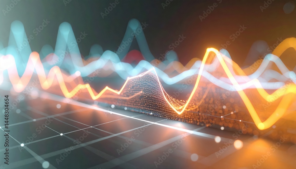 Poster abstract futuristic data visualization with colorful glowing lines and waveforms representing digita