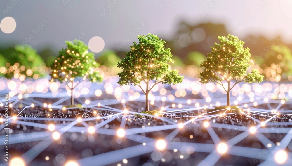 Poster close-up of miniature model trees on a technological grid representing sustainable development and e
