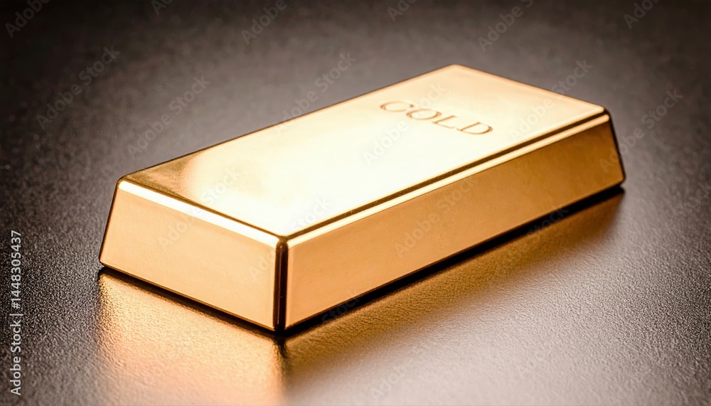 Aufkleber close-up of a shiny gold bar with engraved markings resting on a smooth surface, highlighting precio