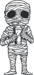 Cartoon illustration of a cute mummy character wrapped in bandages drinking a beverage with a straw