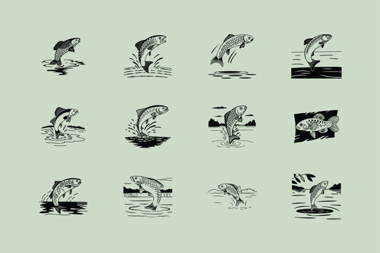 rui, rohu fish vector design, labeled line and fill art silhouette illustration.