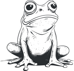 Black and white cartoon illustration of a frog sitting with big eyes in a detailed sketch style