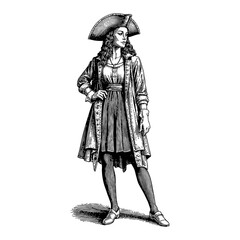 Detailed Black and White Outline Line Art Drawing of Woman Wearing Pirate Costume Pirate Hat Full Body View