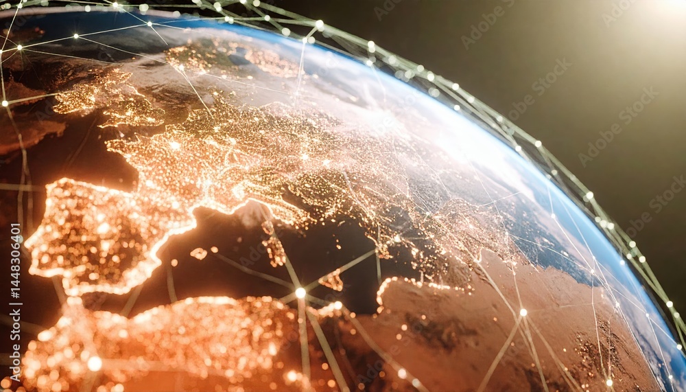 Poster detailed illuminated view of earth from space showcasing continents lit by city lights and a network