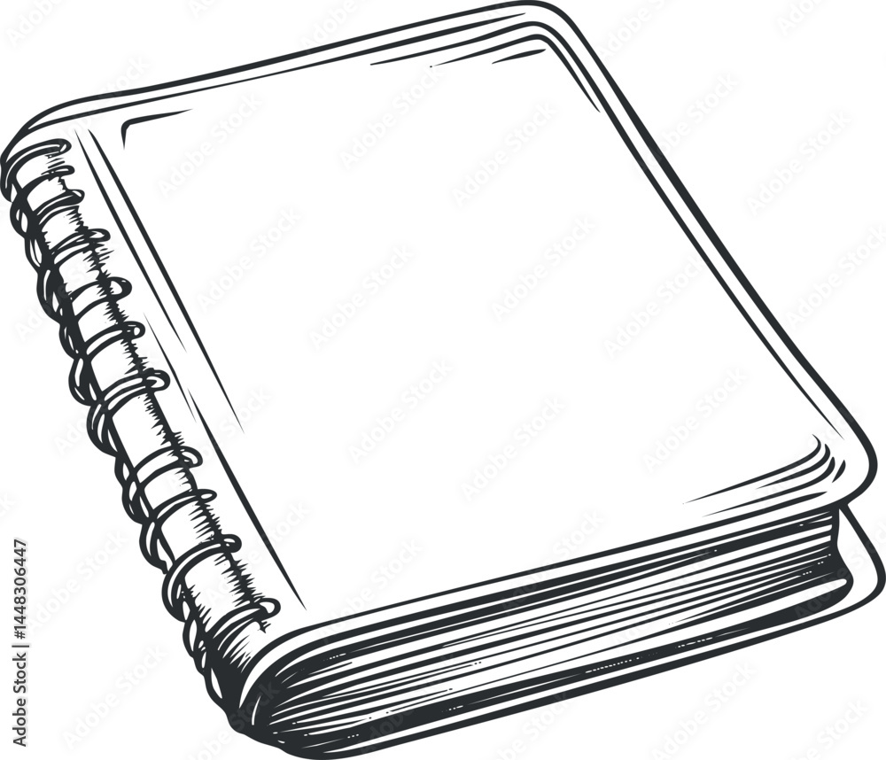 Poster black and white sketch of a spiral-bound notebook with blank pages isolated on white background