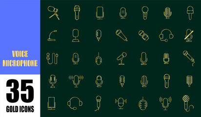 Voice microphone Pictogram gold line icons. Modern and old vintage mic icons. luxury icon logo.