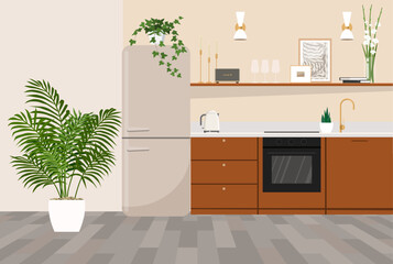 Stylish interior design of a kitchen with retro appliances, shelves with decor and plants.